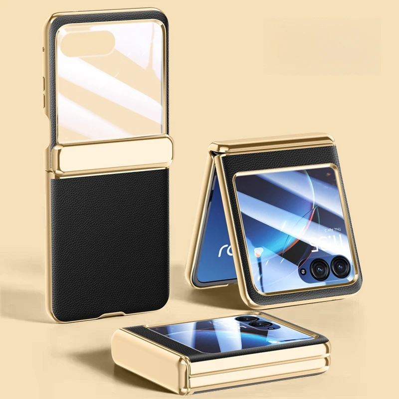 Luksusowe etui na telefon z galwanizowanej skóry do Motorola MOTO Razr 60 50 40 Ultra Pro z folią hartowaną, odporne na wstrząsy, z chromowaną osłoną zawiasu.