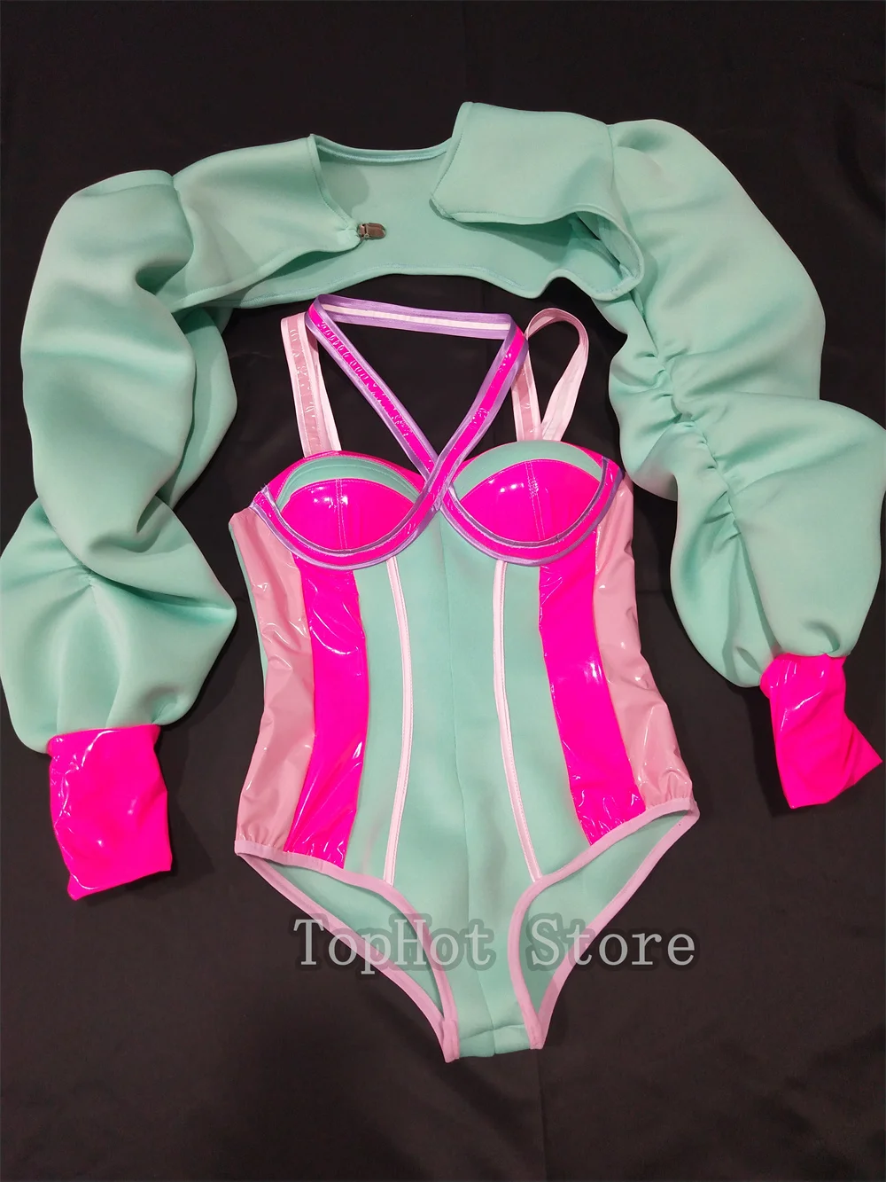 Pink Green Splicing Color Bodysuit Bubble Sleeve Top Drag Queen Dance Costume Nightclub Bar Women Singer Performance Rave Outfit