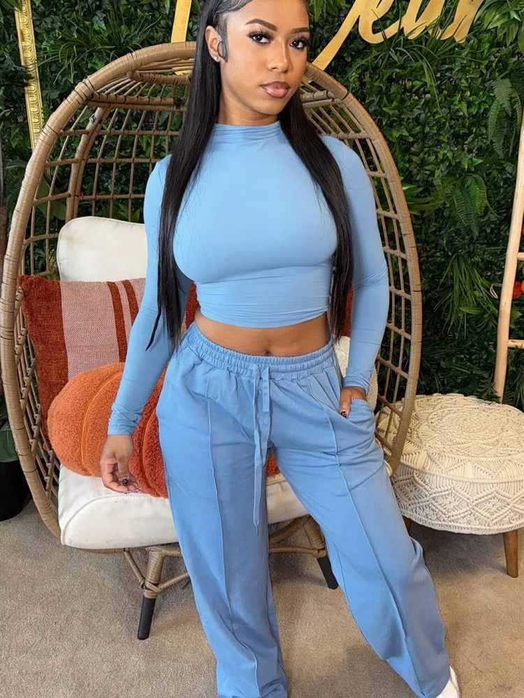 Set da donna da 2 pezzi 2026 Nuovo arrivo Primavera Autunno Set coordinati Manica lunga Tinta unita Top e pantaloni Abiti Abiti Abbigliamento