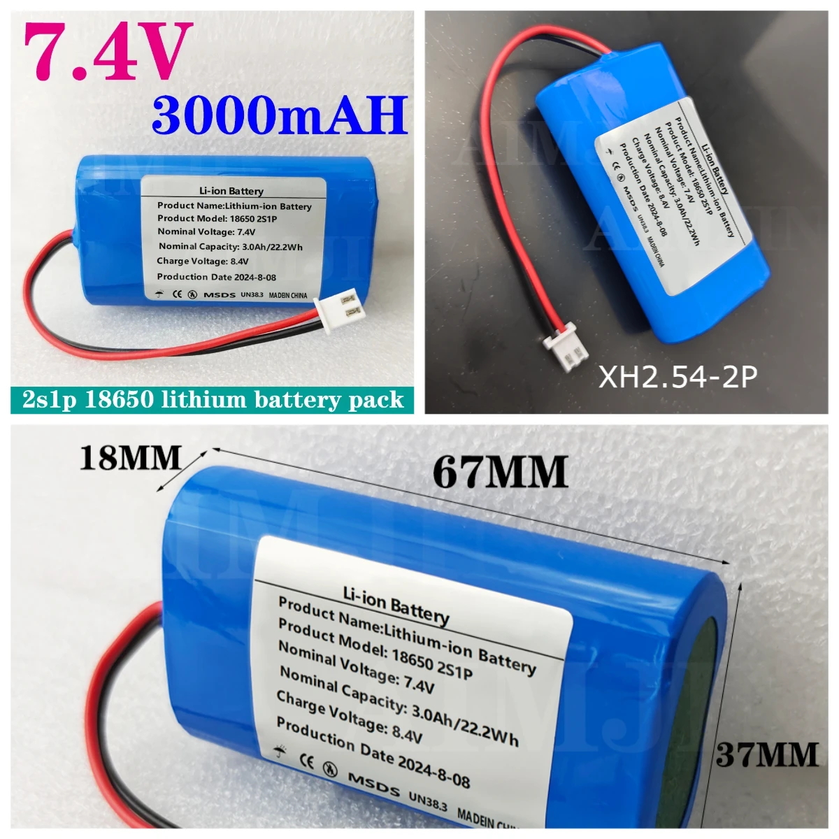 

2s1p 7.4V 3000mah 18650 Rechargeable Battery for Amplifier Power toy Accessories LED Lights Security Equipment