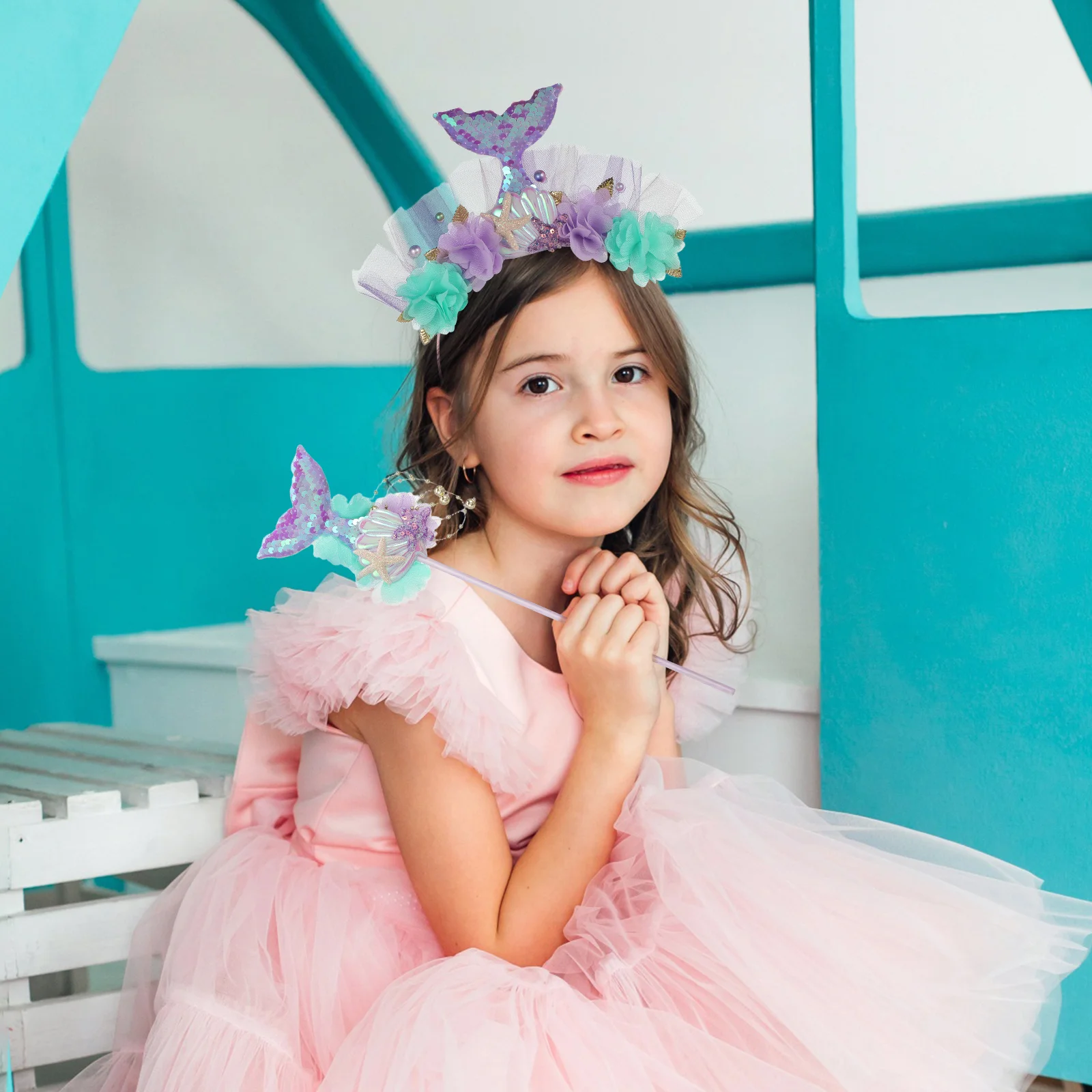 Totority Kinder Meerjungfrau Cosplay Kostüm Set mit Stirnband und Kunststoff für Mädchen Party Dress Up