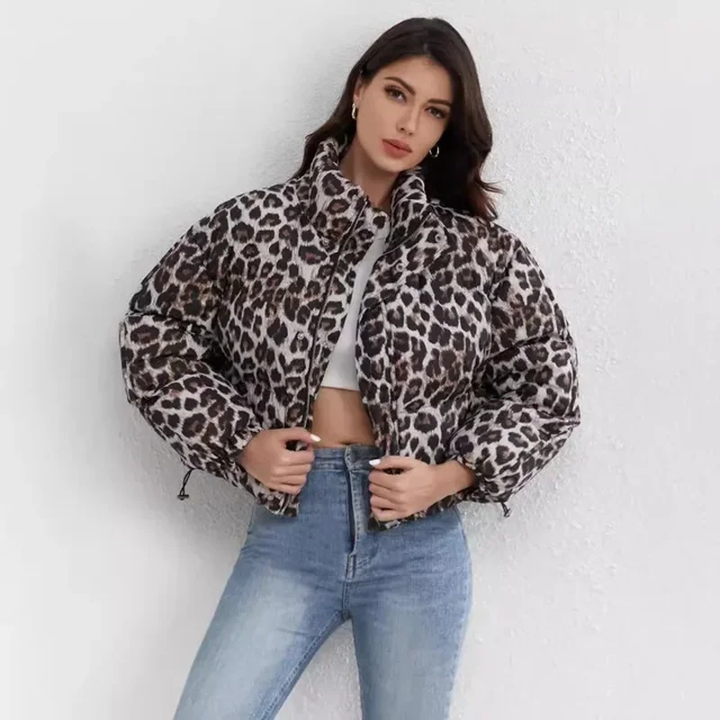 Y2k Streetwear Fashion Leopard Print Cropp Cotton Winter Puffer Jackets Women 2024 Stand Neck Long Sleeve Zipper Coat Women 