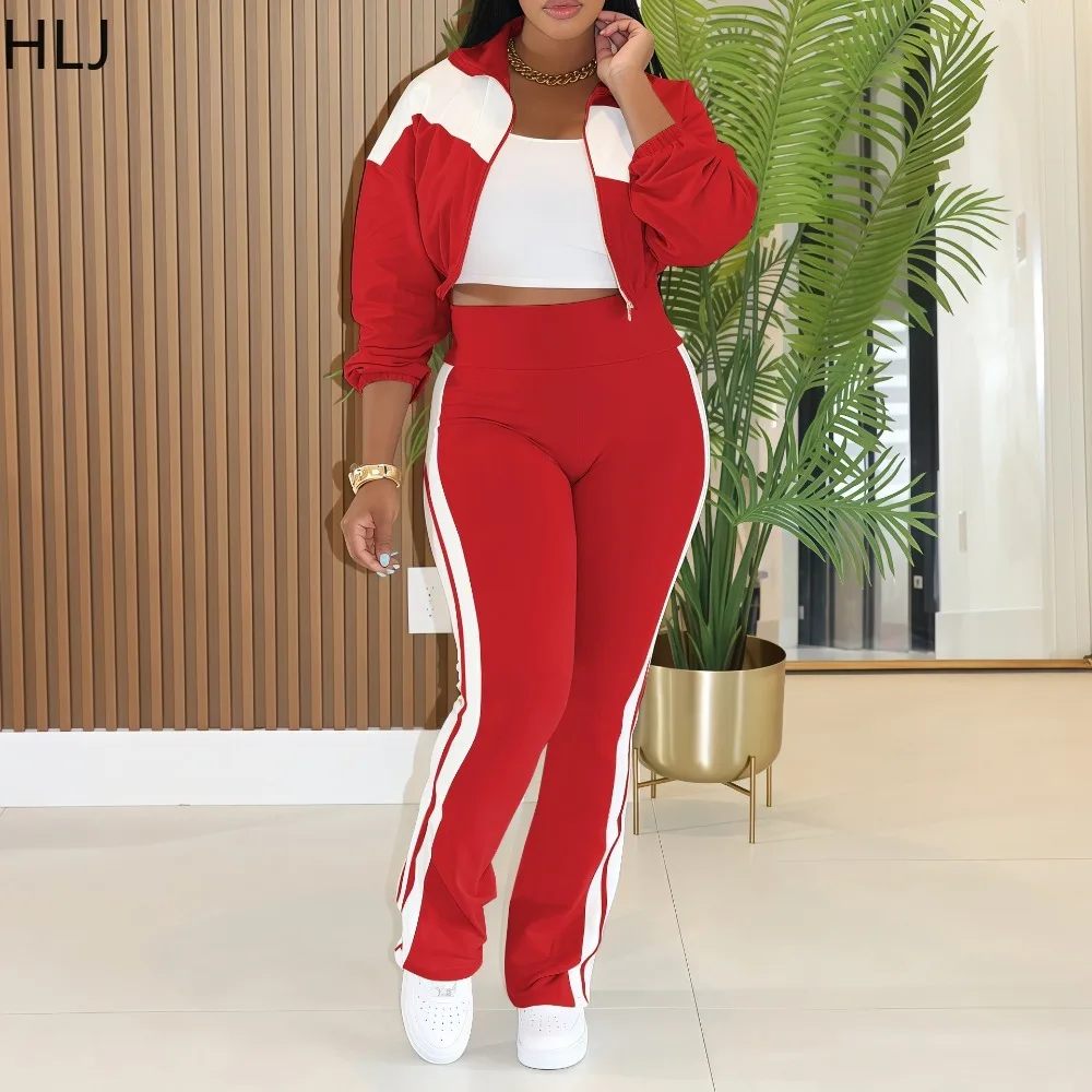 Hlj moda esportes 2 peças conjunto para mulher bloco de cor zíper mangas compridas colheita jaqueta e calças combinando feminino streetwear novo