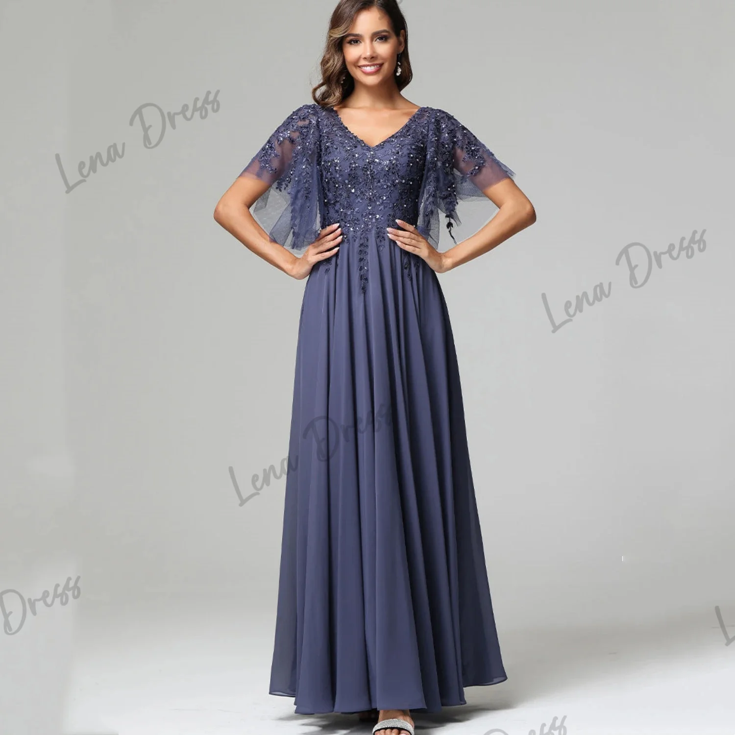 

Lena - Straight Ball Dress Dark Grey Formal Ball Mom Dress Long Dress Suitable for Special Activities Sticker Chiffon