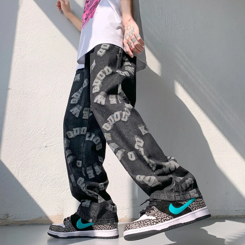 American Street Oversize Jeans Wide Leg Mopping Jeans Dark Vibe Style High Street Pants Men's Loose Straight Tube