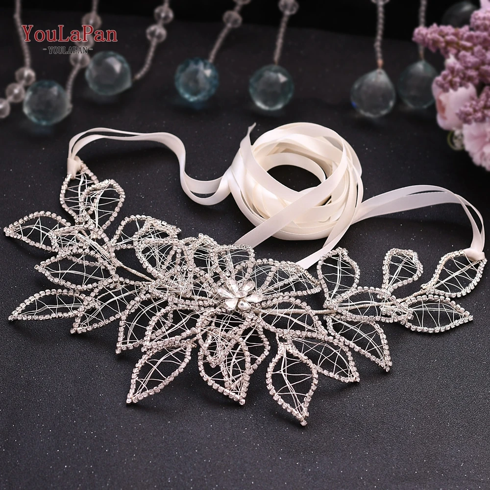 YouLaPan cinturón de boda plateado para mujer, faja de flores con diamantes de imitación, cinturón con cinta, cinturones de vestido de novia, SH256