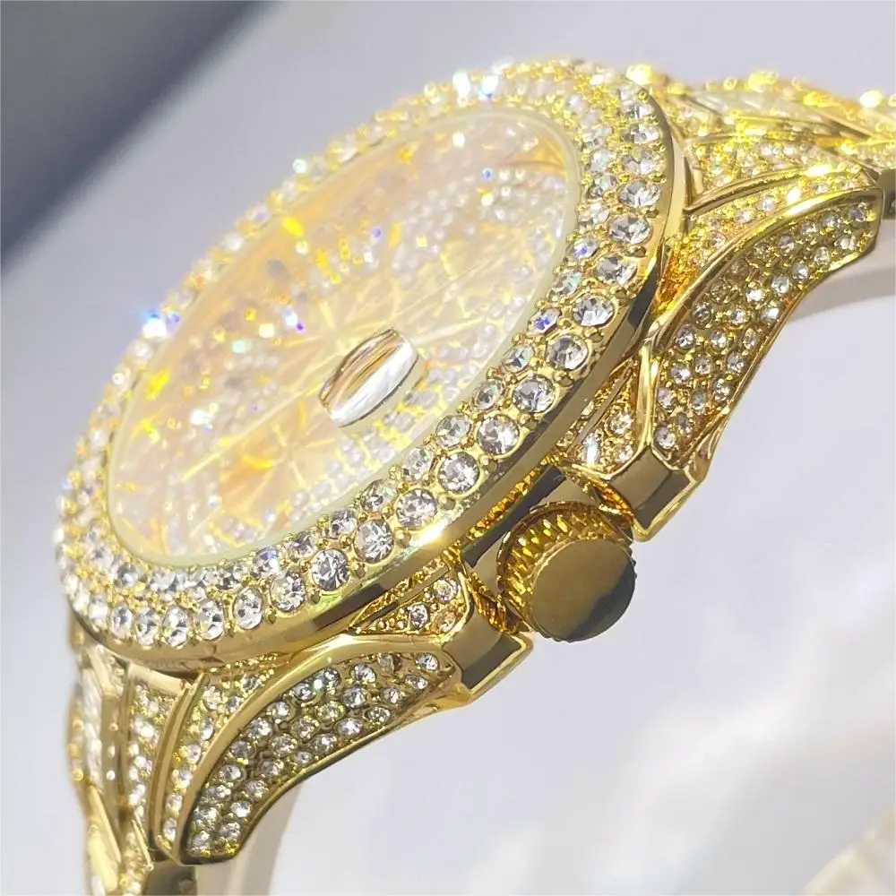 2024 Hot Hip Hop Iced Watch For Mens Fashion Diamond Bling Jewelry Clock Man\'s Luxury Gold Quartz Wristwatch Reloj Free Shipping