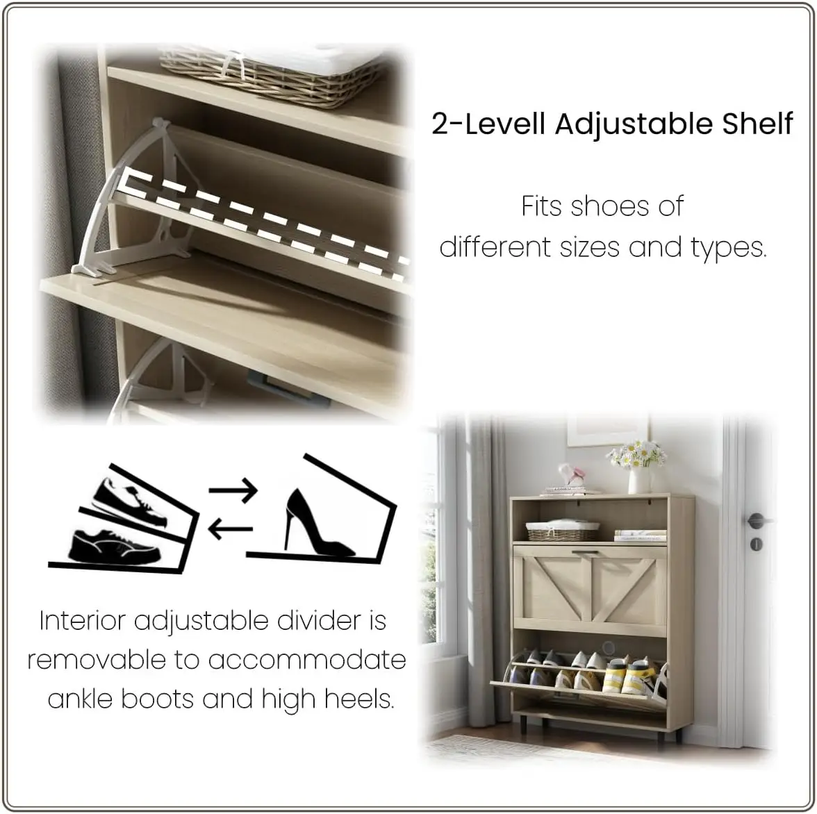 Farmhouse Shoe Cabinet With 2 Flip Drawers, Space-Saving Shoe Storage Cabinet With Open Storage & Adjustable Shelves,