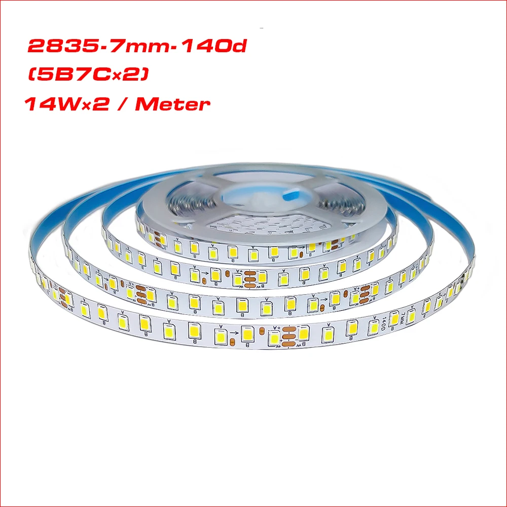 

(3 solder joints) 5meters 2835-7mm-140D Three Colors Constant Current LED Strip 14W×2/Meter 5B7C×2 SANAN Chip With 3000K+6500K