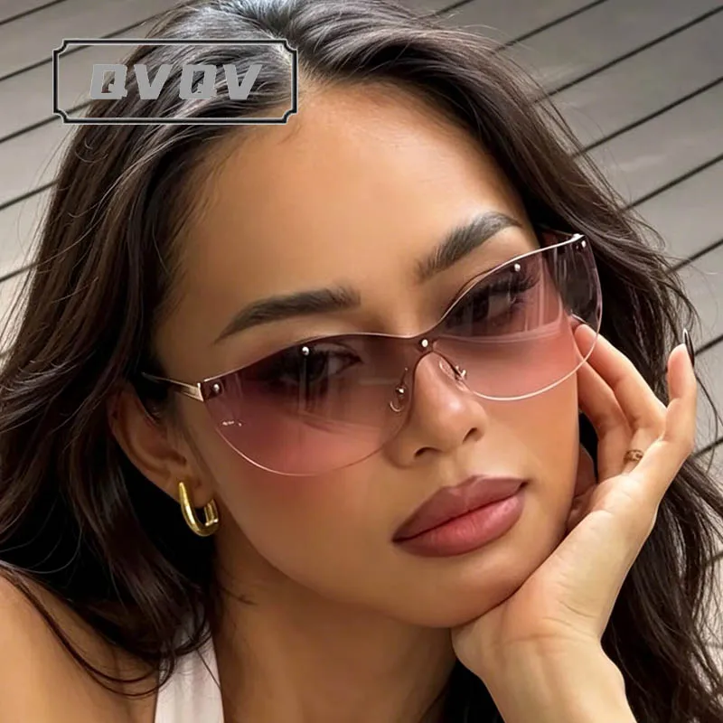 QVQV Unique Curved Len Cat Eye Sunglasses Women Luxury Brand Gradient Sun Glasses For Ladies Shield Thin Face Glasses Driving