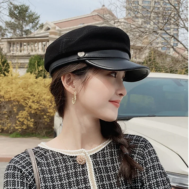 

Fashion England Wind Spring Women Real Leather Thin Hats Women Sheepskin Baseball Caps Women British Navy Students Go Shopping