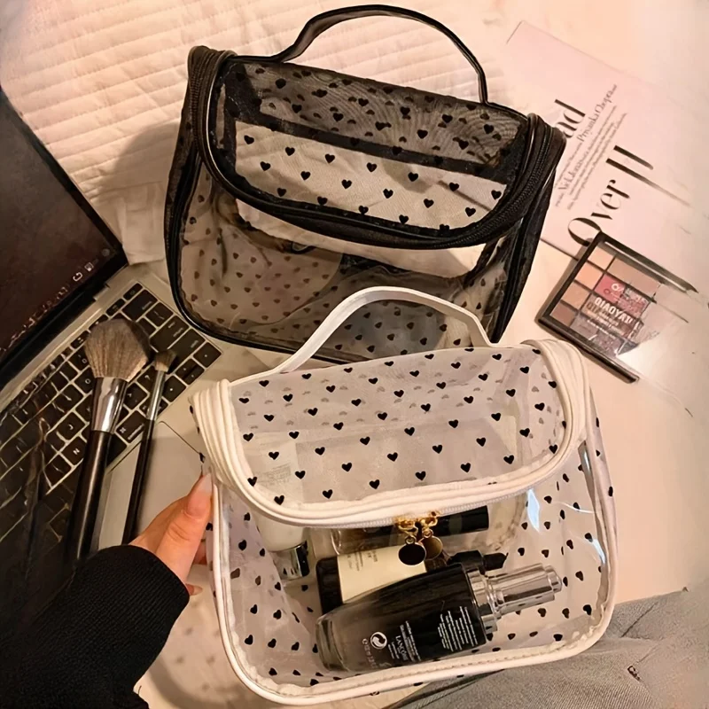 Clear Makeup Bag,Mesh Heart-Shaped Pattern Transparent Frosted Texture Hand-Held Large Capacity Makeup Bag Storage Bag Travel