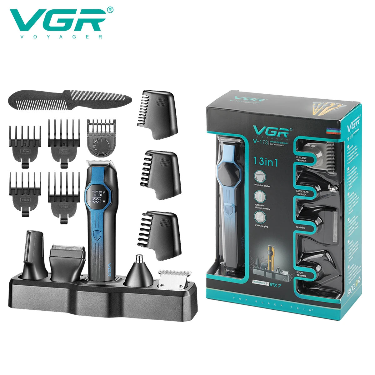 VGR 13 في 1 ماكينة تشذيب الشعر ماكينة حلاقة احترافية متعددة الوظائف ماكينة تشذيب شعر احترافية للرجال V-173