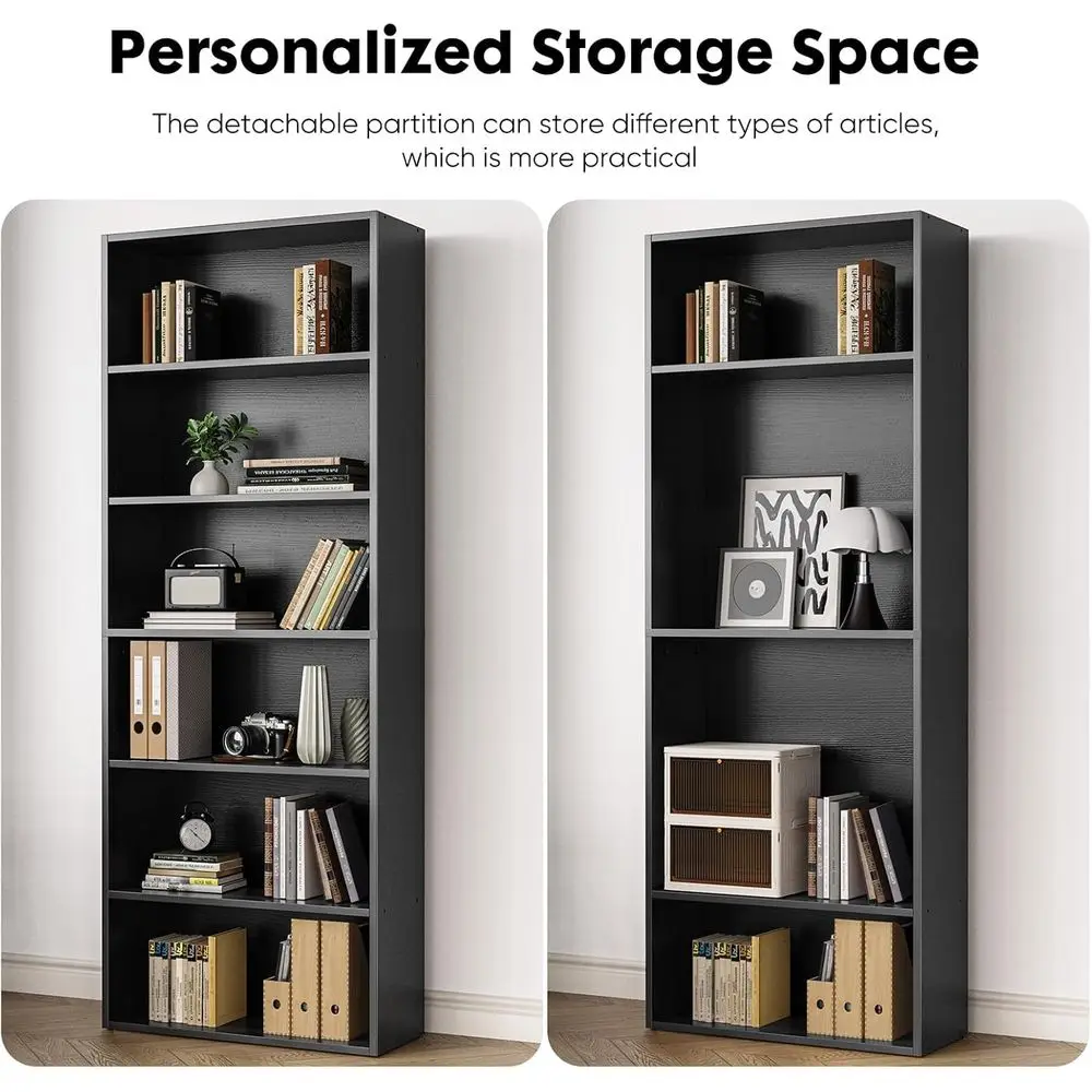 6段本棚、高さ63インチ、転倒防止、家庭/オフィス用オープンシェルフ、ブラック