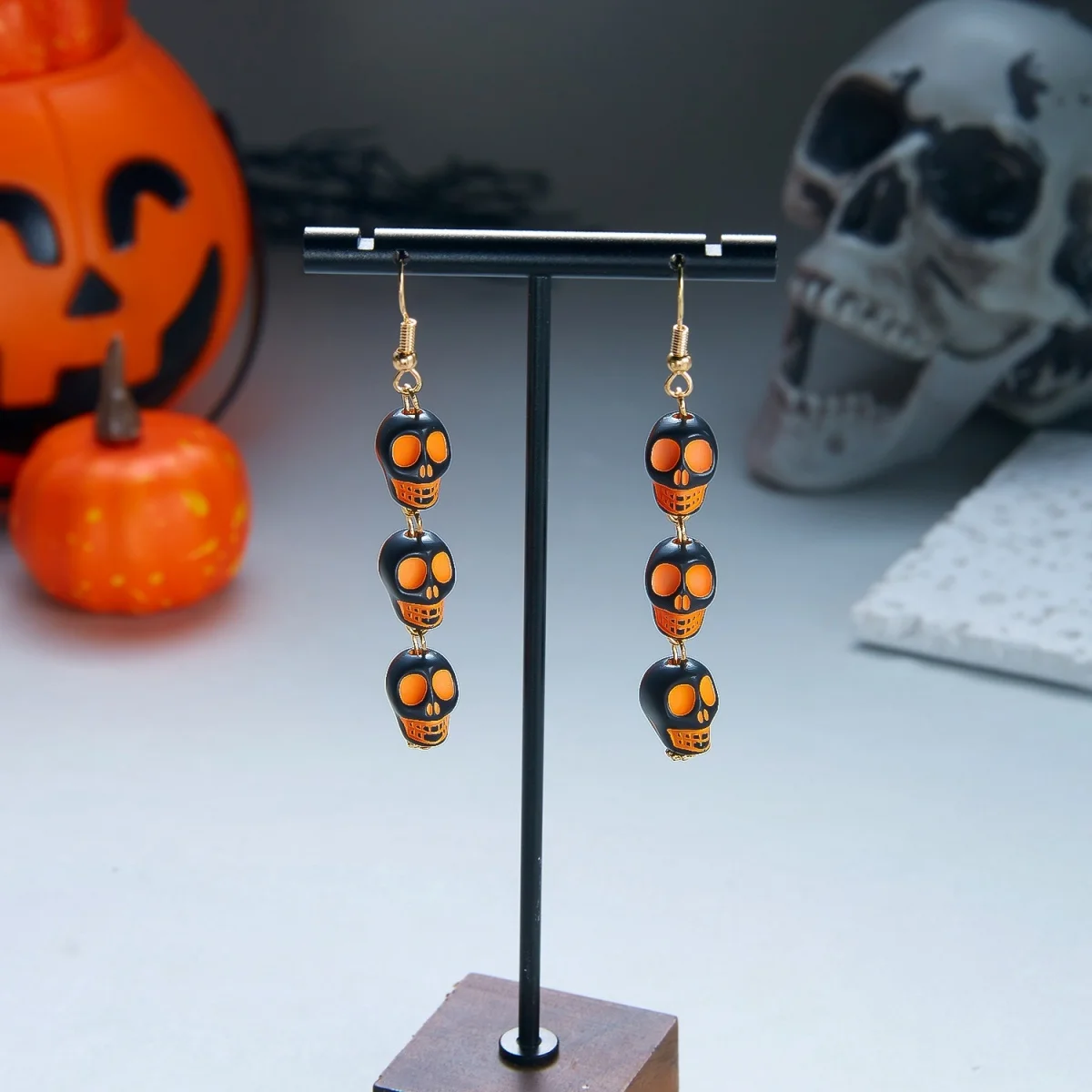 Lila-schwarze, dreifach stapelbare Totenkopf-Ketten-Ohrringe für Damen, Halloween, Gothic, cool, Skelett-Kopf-Ohrringe, Party-Schmuck – Detail 28