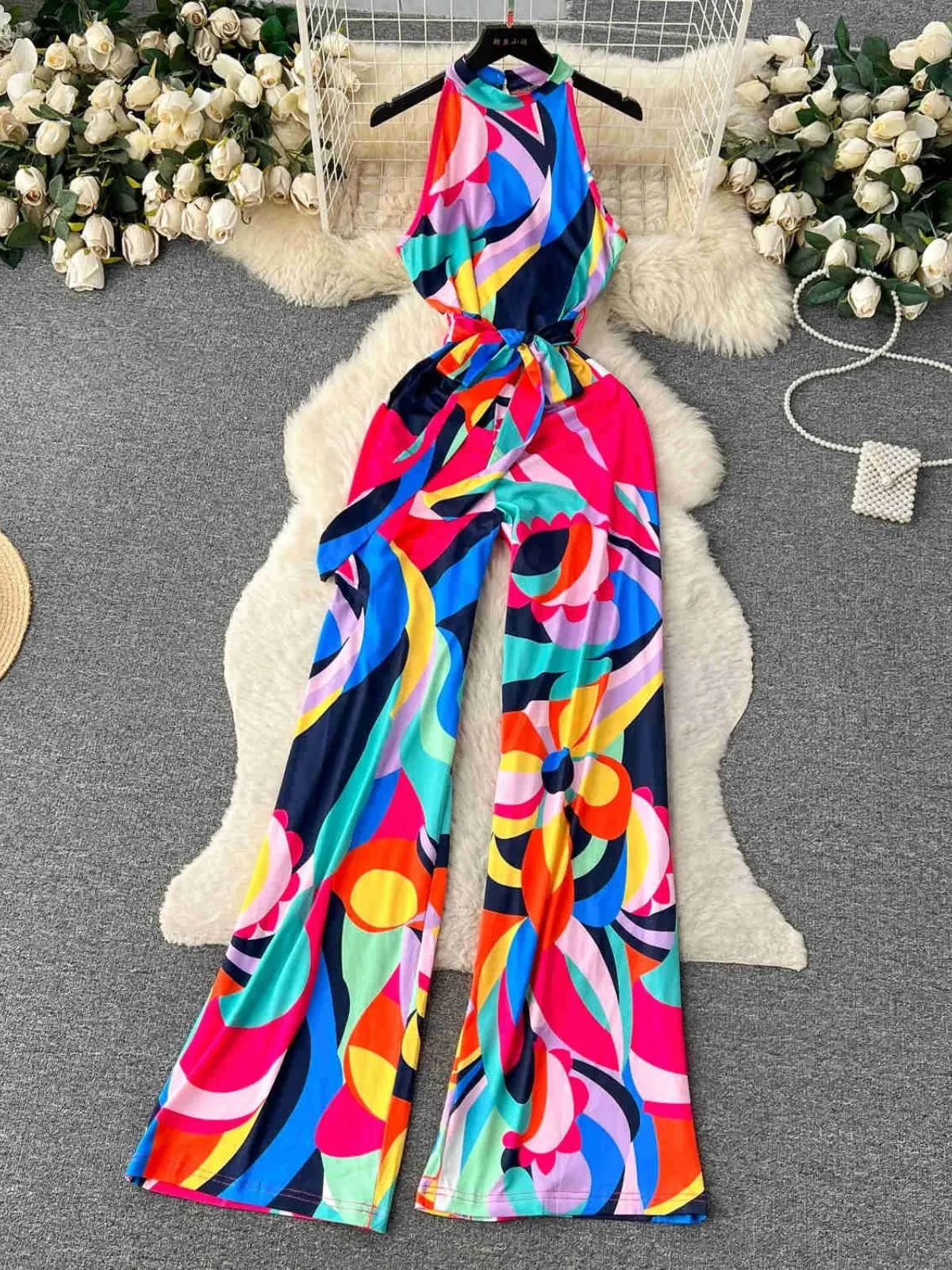 

Foamlina 2025 Colorful Print Jumpsuit Women Round Neck Sleeveless Slim Top Wide Leg Long One Piece for Summer Vacation