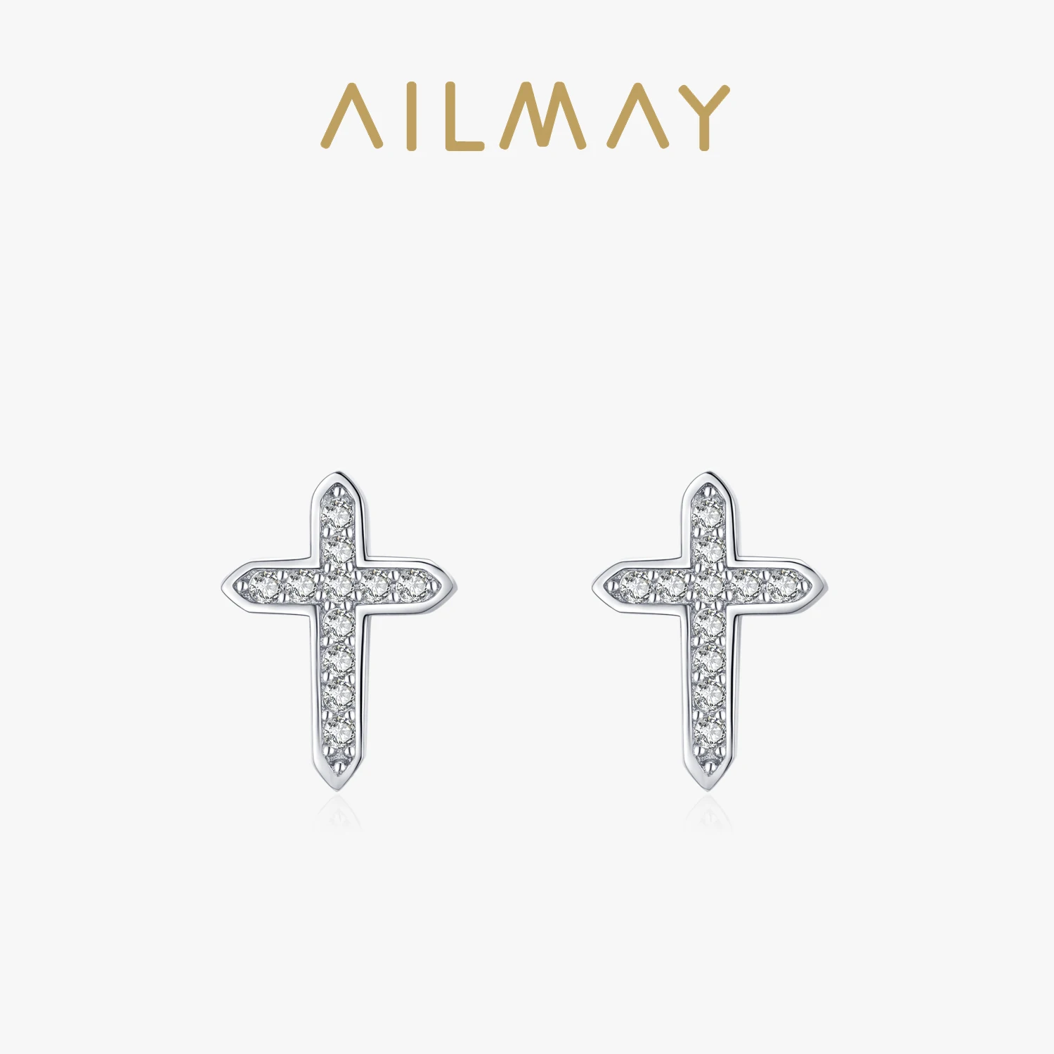 Ailmay Charm Cross Dazzling Clear Zircon Stud Earrings Solid 925 Sterling Silver Classic Earring For Fine Female Fashion Jewelry