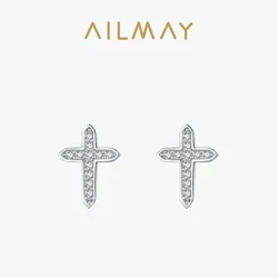 Ailmay Charm Cross Dazzling Clear Zircon Stud Earrings Solid 925 Sterling Silver Classic Earring For Fine Female Fashion Jewelry