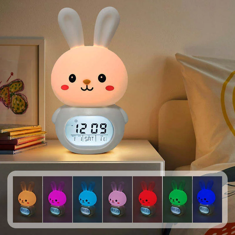Cute Bunny Digital Alarm Clock For Kids Silicone Tap Night Light With Temperature Display Snooze & Timer Function Desk Clock