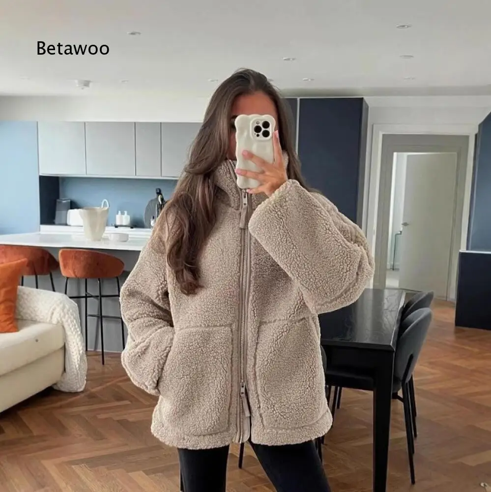 Stand Collar Zip Sherpa Fleece Jacket For Women Long Sleeve Outerwear With Pockets For Cold Season Daily Matching Scenarios