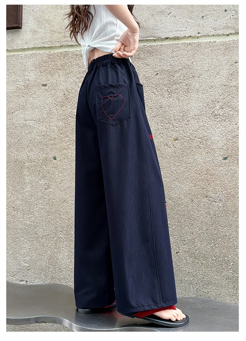 2026 Neue Sommer-Jeans für Mädchen mit Herz-Stickerei, Denim-Hosen für junge Teenager-Mädchen, trendige coole Kinder-Mädchen-Hosen mit weitem Bein – Detail 5