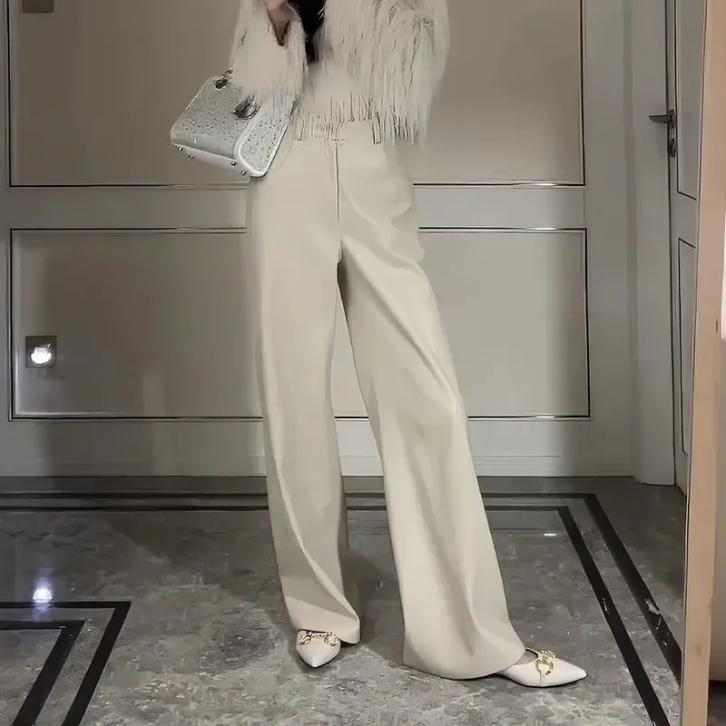 

New Fashion White Leather Pants Women High End Elastic Waist Casual Loose Pocket Wide Leg Pants Elegant Long Trousers