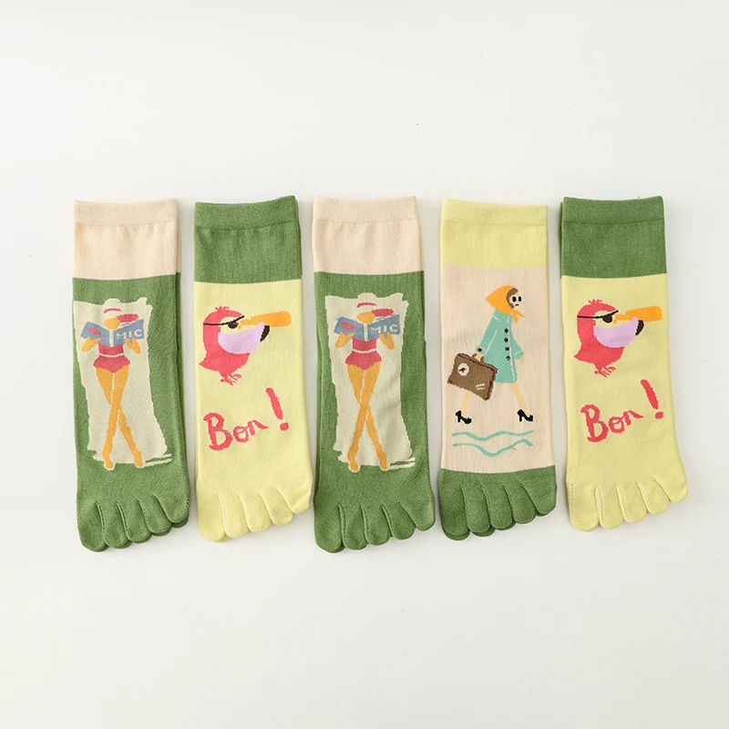 Five-finger Socks Ladies Spring And Autumn Fashion Cartoon Cute Split Toe Socks Women Green Short Socks Set