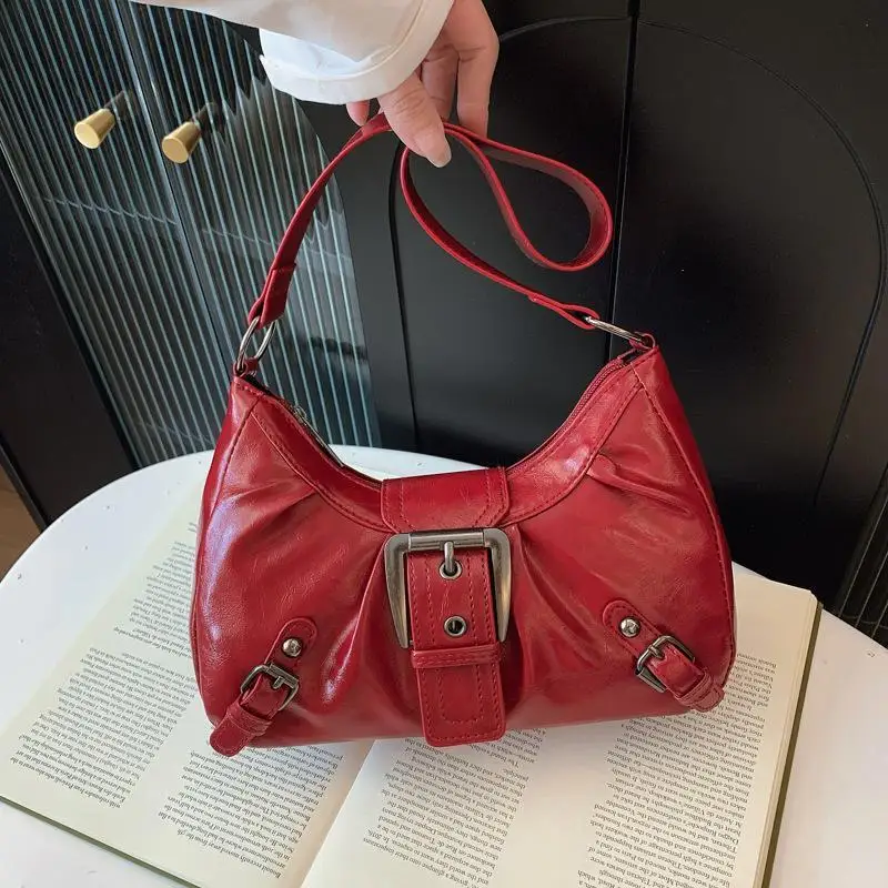 Y2K Retro Pleated Leather Shoulder Bag Handbags For Women Underarm Bag Clutch Handbags For Travel Work Shopping Chain Tote Purse