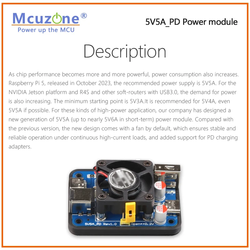 5V5A PD power,USB-C and USB-A dual port Power module for Raspberry Pi5, support USB-C PD (12V) or DC5.5 input