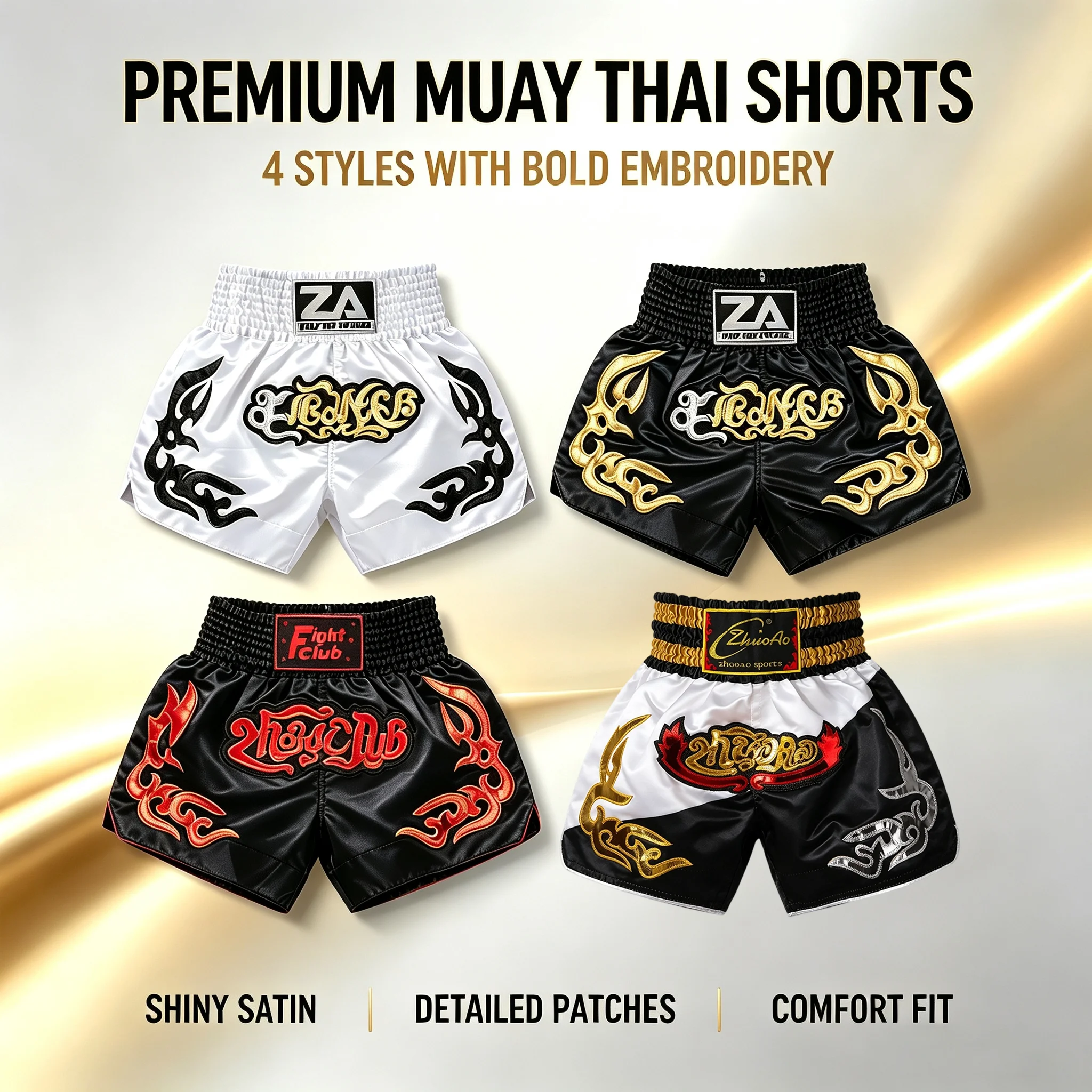 Satin Muay Thai Shorts mit Goldstickerei für Boxen, Kickboxen, Grappling und Training - Boxhosen für Männer, Frauen und Kinder