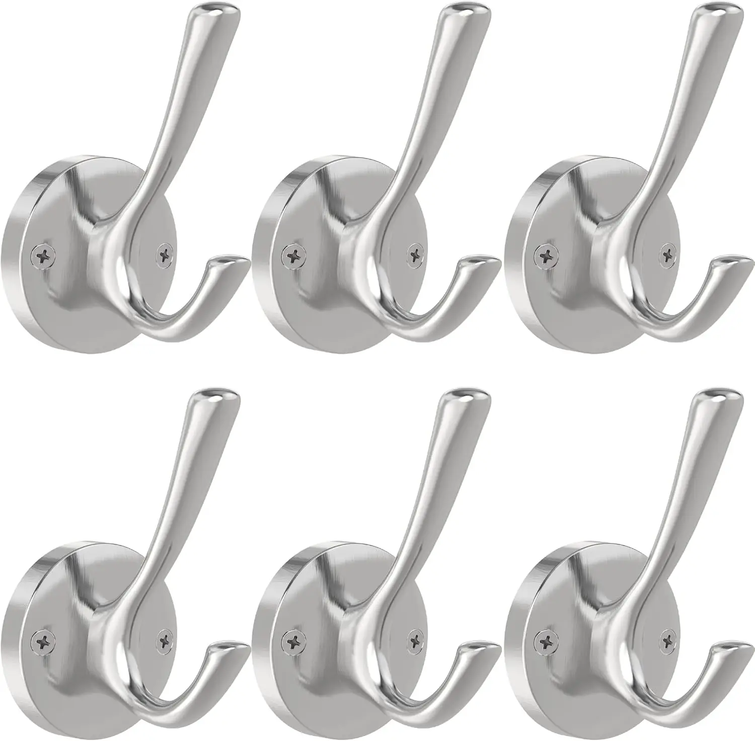 

Brushed Nickel Wall Hooks, 6 Pack Coat Robe Hook Heavy Duty Metal Double Bath Hook Wall Mounted, Hand Towel Hooks for Cubicle Ba