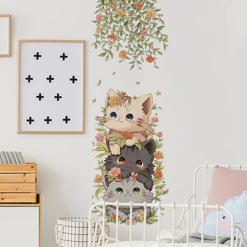 Cute Cat Vinyl Child Wall Stickers For Baby Girl Room Decoration Bedroom Accessories Adhesive Wallpaper Wall Decor Room Decor