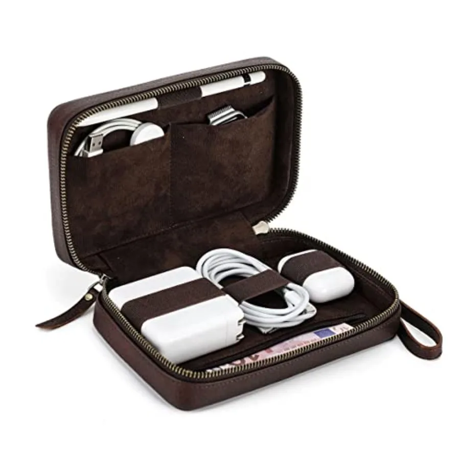 

Full Grain Leather Electronic Organizer Travel Tech Case Electronics Accessories Storage Box Portable Holder for for Charger Ca