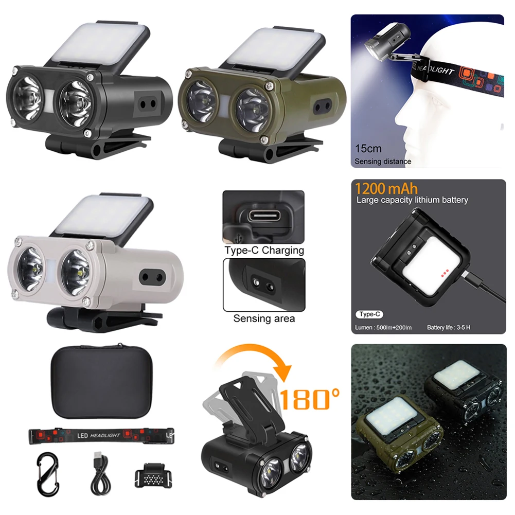 センサー付きミニ充電式LEDヘッドランプ,誘導充電式,防水,屋外照明,700lm,TYPE-C mAh