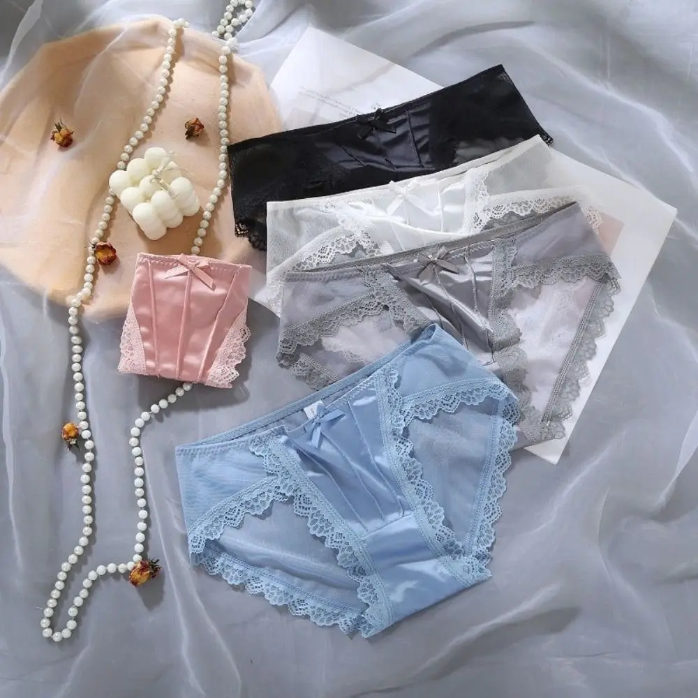 Breathable Low Waist Lace Panties Bow Cotton Crotch Underwear for Women Lingerie Transparent Seamless Underwear Female