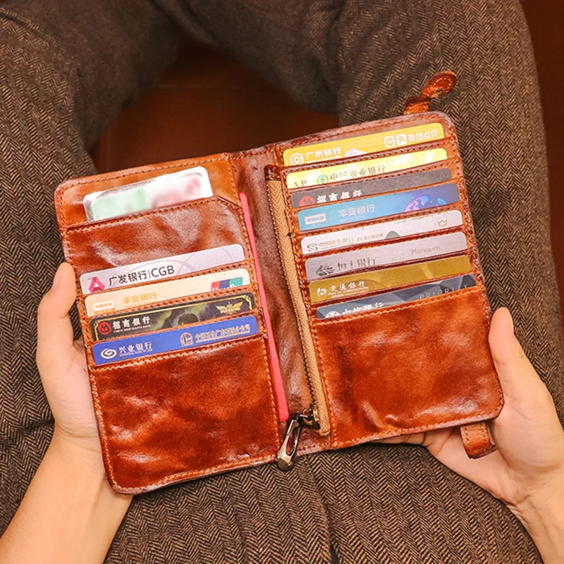 

Новый мужской кошелек из натуральной кожи — потертый винтажный длинный двойной слот ручной работы с несколькими отделениями для карт и отделением для купюр