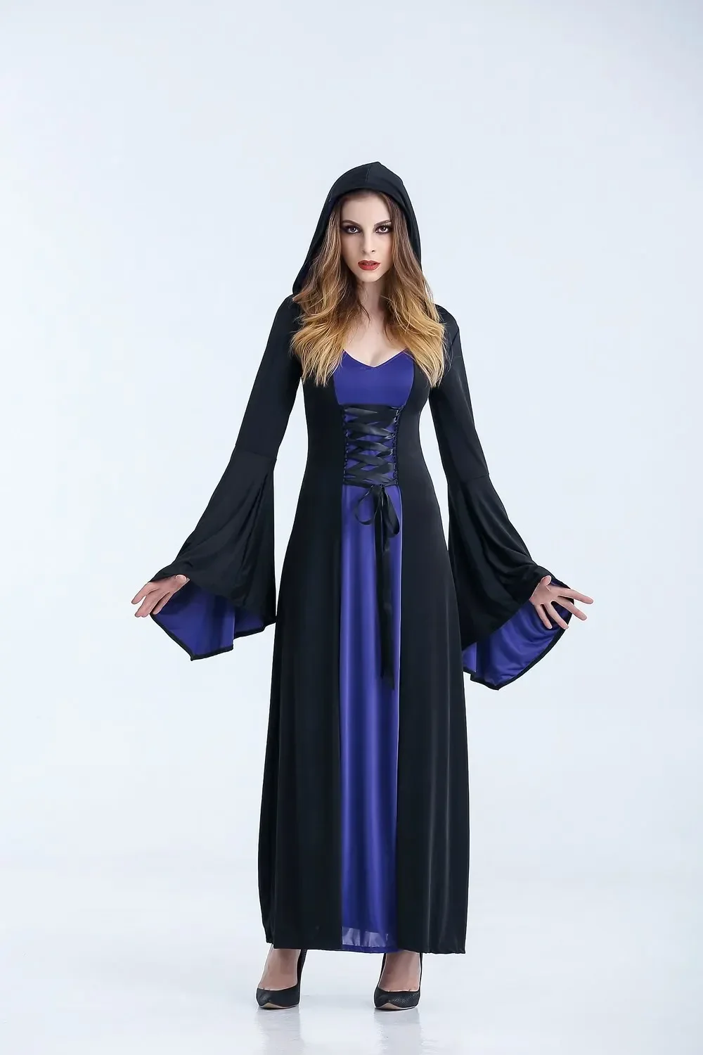 Vestido con capucha de bruja gótica Sexy Medieval de 3 colores, disfraces de Halloween para mujeres adultas, vestido largo de mascarada para fiesta de bruja y vampiro