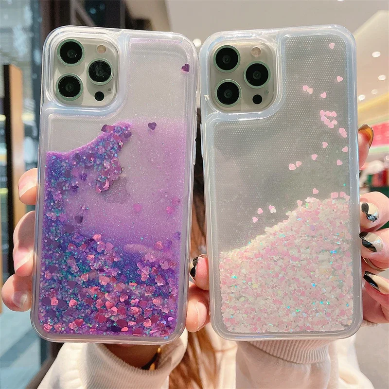 Shiny Sparkles Quicksand Soft Case for iPhone 14 16 15 Pro Max Plus Fashion Heart Sequins Phone Cover Shell Women Fundas Housing