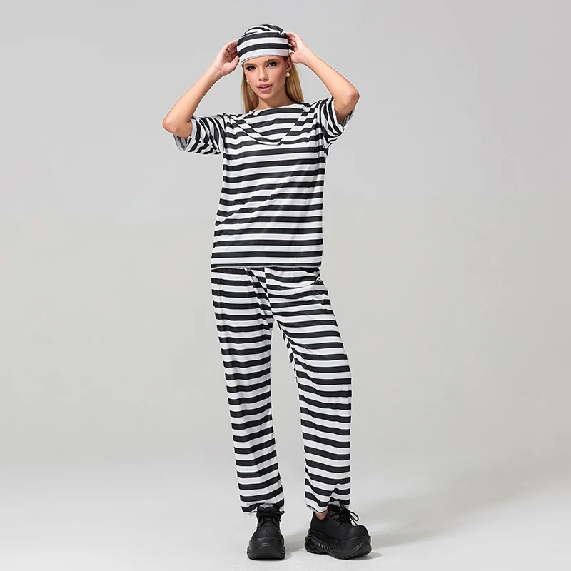 Halloween Prisoner Costume for Men Women Stripes Print Tops Pants Hat Set Prison Costume