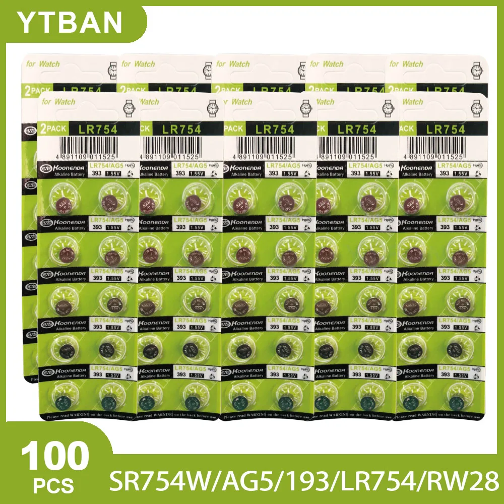 

100 шт., кнопочные батарейки AG5 LR754 1,55 193 L754 SR754SW LR48