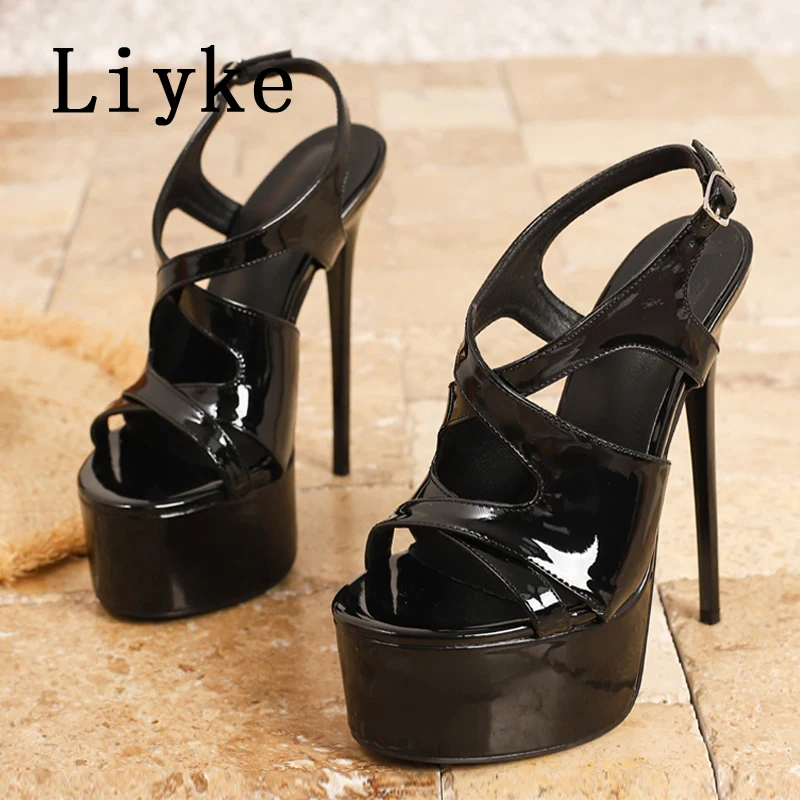 Liyke Black Patent Leather Women Sexy 16CM Super High Heels Platform Sandals Fashion Back Buckle Strap Ladies Party Dress Shoes