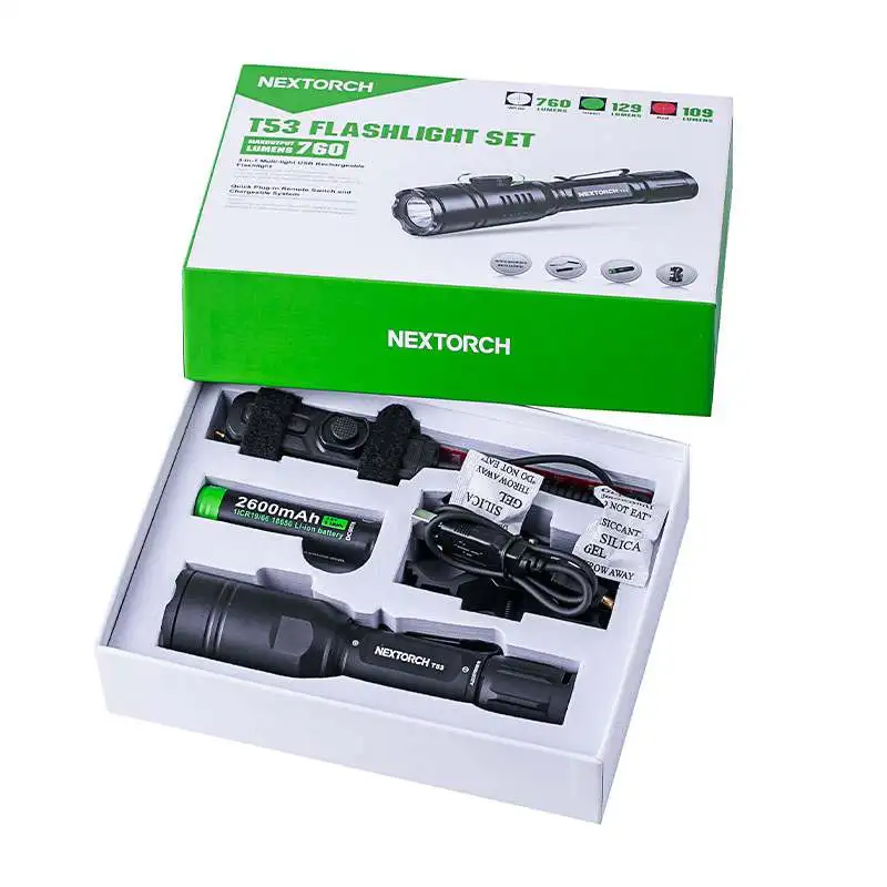 Nextorch T53 3 LED Source Flashlight,White/Green/Red Lights,Rechargeable 18650 Battery,Remote Switch & Scope Mount,for Hunting