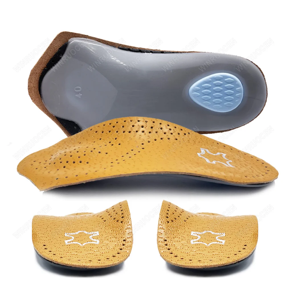 Plantilla semiortopédica de cuero para hombre y mujer, Corrector de pie plano, almohadilla para aliviar el dolor de talón, cuidado de piernas, 3/4