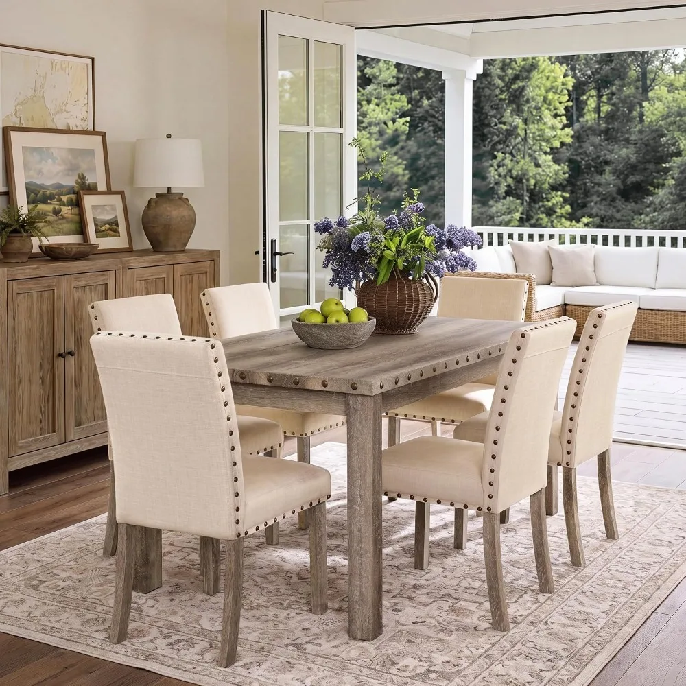 7 Piece Rustic Wooden Dining Set, Mid-Century Modern Table & Chair Set for Spacious Dining Rooms and Entertaining Guests, Custom