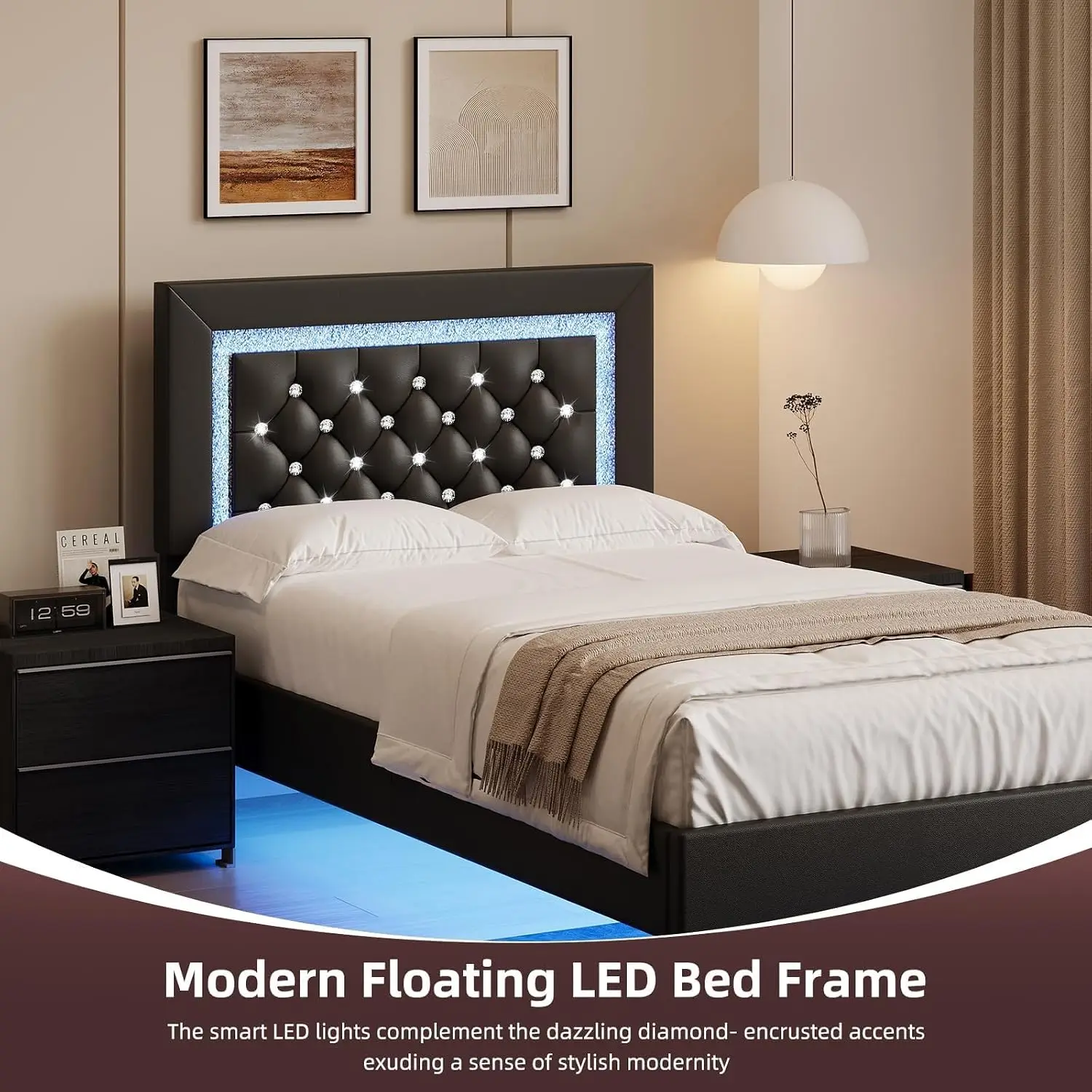 Floating Bed Frame with LED Lights, Upholstered Bed Frame Twin with Diamond Headboard, No Box Spring Needed, Noise, Custom view 3