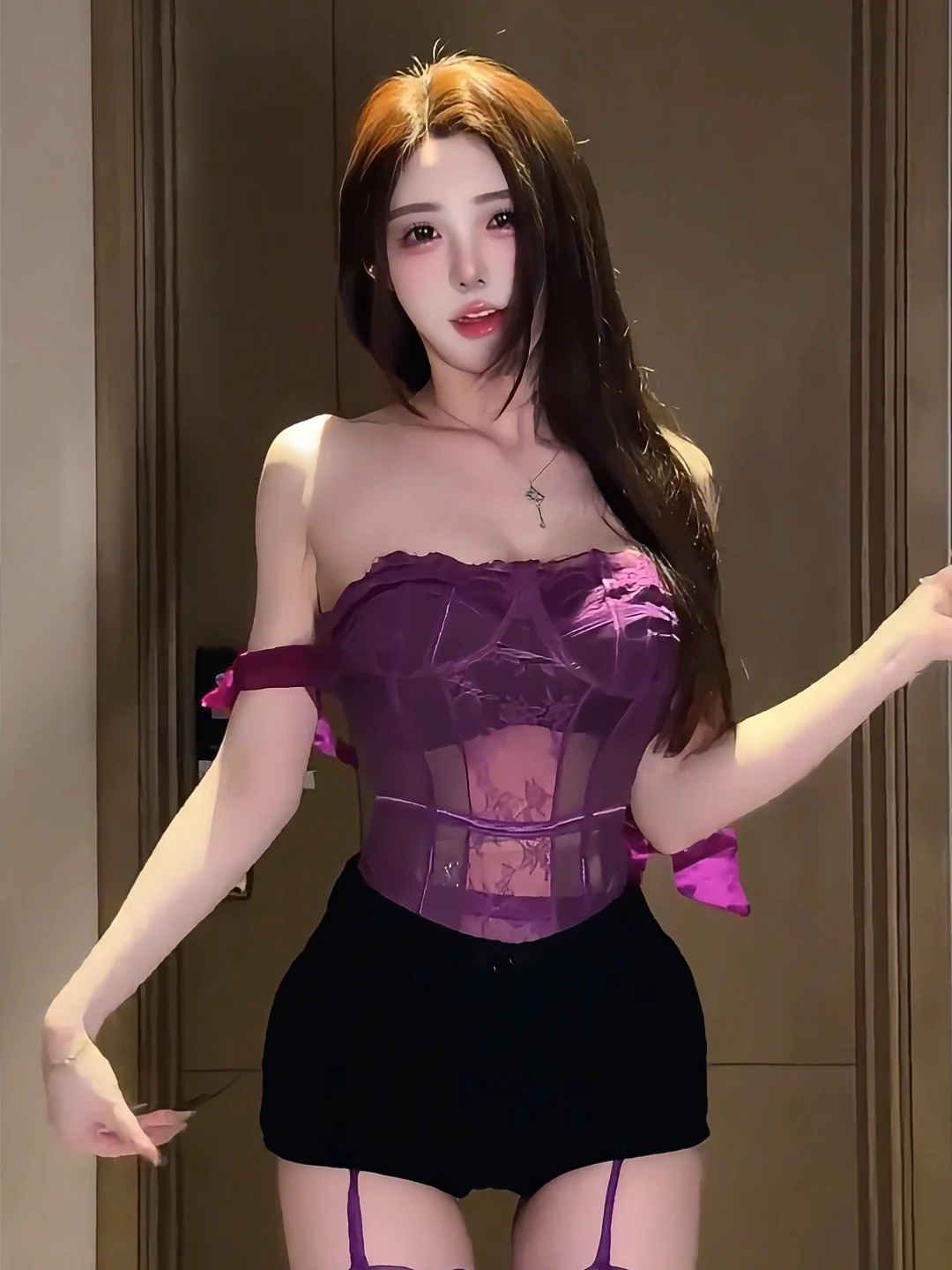 Seksowny Retro Fioletowy Koronkowy Prześwitujący Kombinezon z Zestawem Orties Damski Modny Letni Strój Obcisła Bielizna Komplet