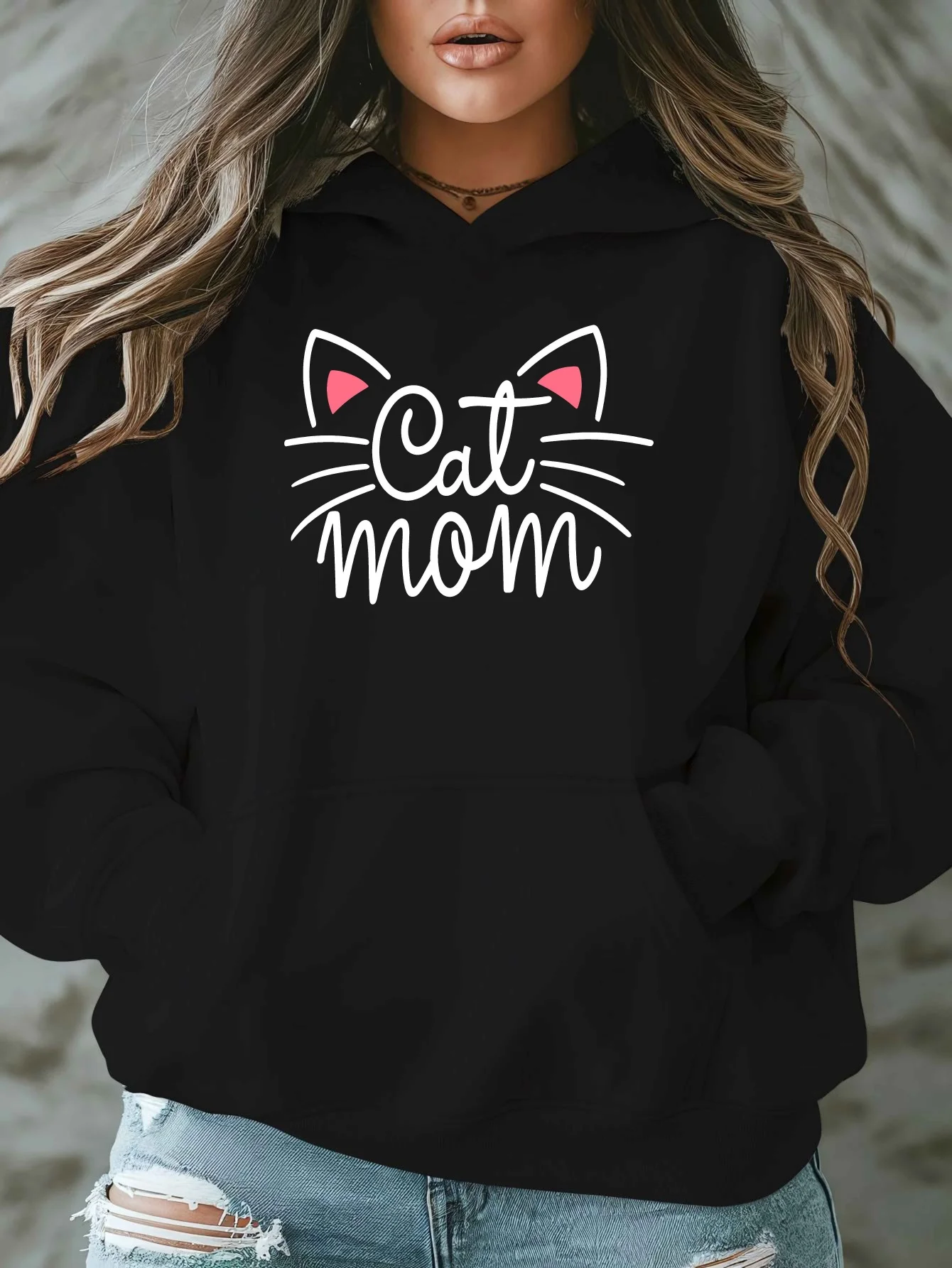 Women's Plus-size Casual Hooded Sweatshirt Cat Mom Pattern Design Autumn and Winter Fleece Streetwear Oversized Loose Casual