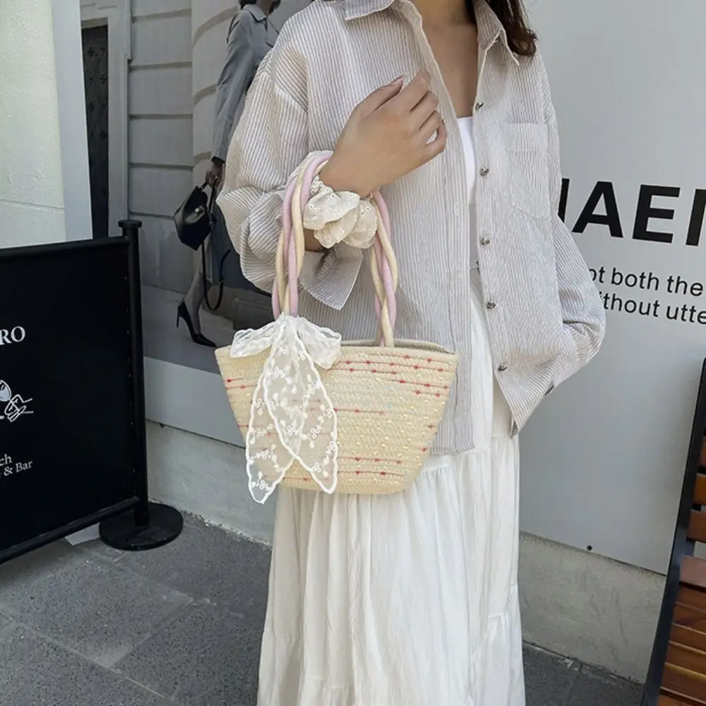 

Simple Shoulder Bag Woven Tote Bag with Ribbon Solid Color Pink Tote Handbag Korean Style Underarm Bag Summer Beach Bag Female