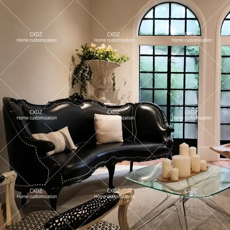 Rural Solid Wood Sofa Double Three Person Leather Art Engraving Light Luxury Classical Retro Leisure Chair