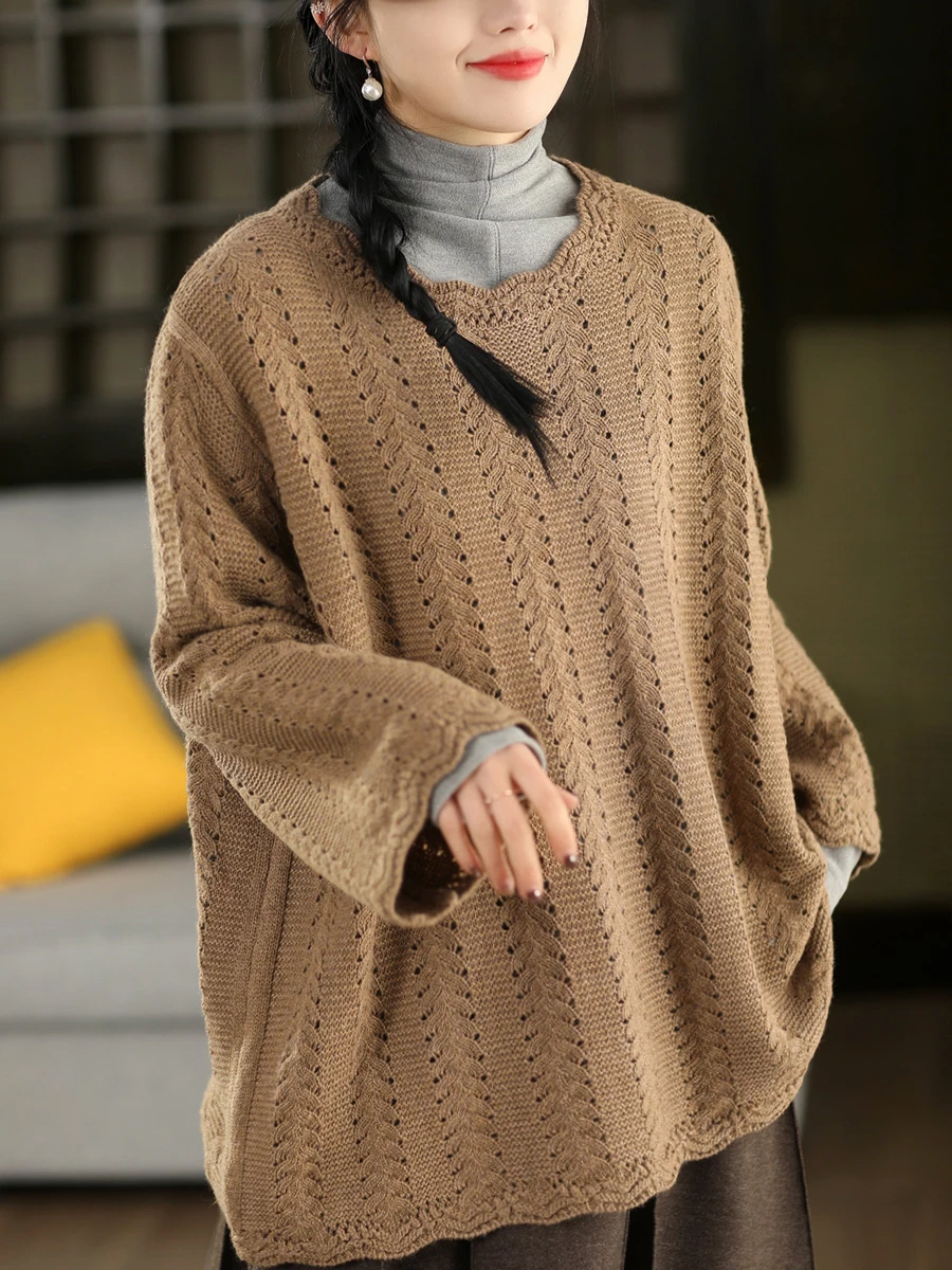 

Высококачественный модный ажурный вязаный свитер для женщин, весенний, с круглым вырезом, средней длины, с эффектом объемного объемистого силуэта, в художественном стиле